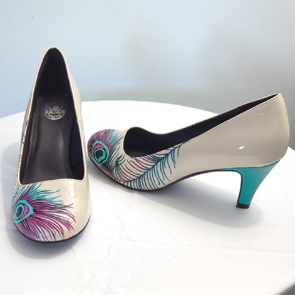 T.U.K Cream Heels with Teal and Purple Feather Design